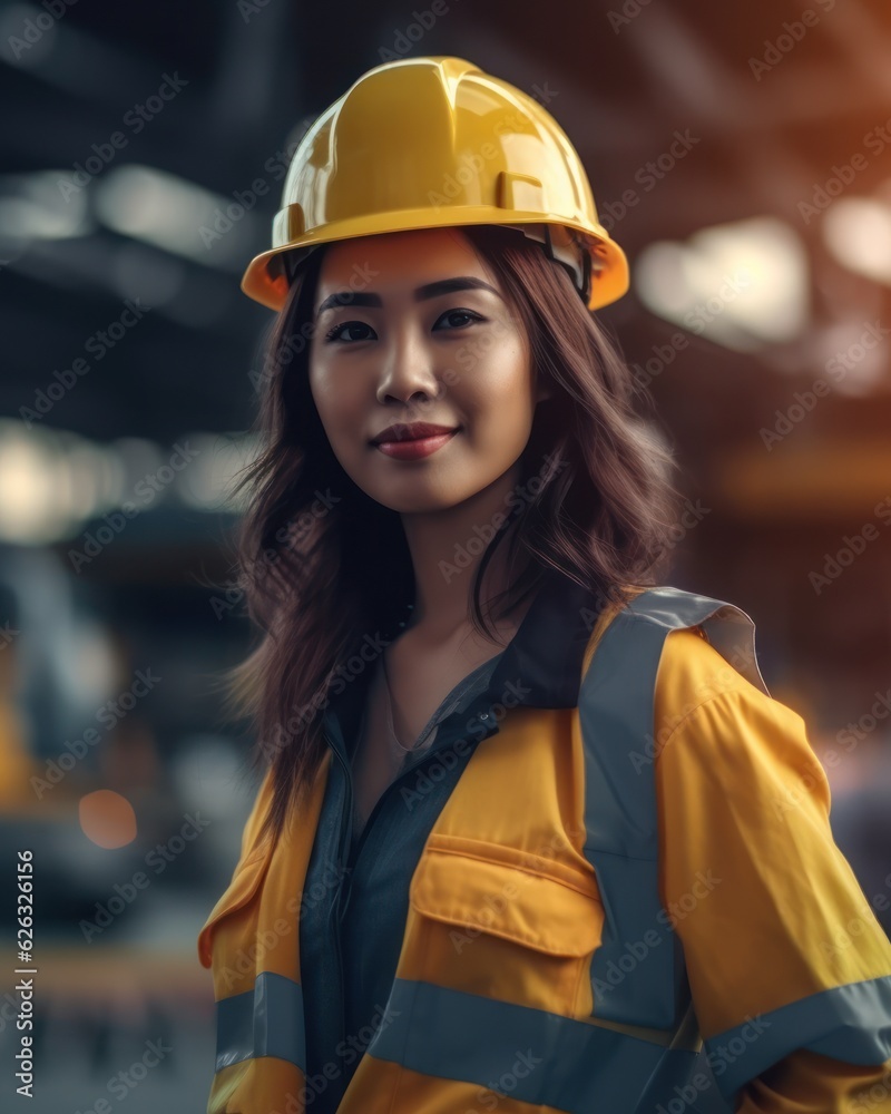 Beatiful confidence asian woman builder worker in uniform and safety helmet smilling. Labour day Beatiful confidence asian woman builder worker in uniform and safety helmet smilling. Labour day