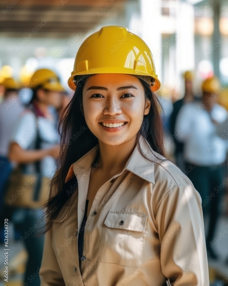 Beatiful confidence asian woman builder worker in uniform and safety helmet smilling. Labour day Beatiful confidence asian woman builder worker in uniform and safety helmet smilling. Labour day