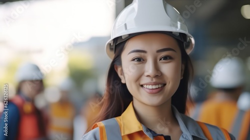 Beatiful confidence asian woman builder worker in uniform and safety helmet smilling. Labour day © Viktor