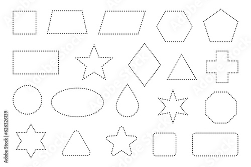 Dash line shapes. Dashed outline of circle, square, star, triangle and oval for coupon. Design of border for basic geometric shapes. Icon of cut frame. Vector illustration.