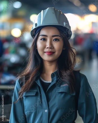 Beatiful confidence asian woman builder worker in uniform and safety helmet smilling. Labour day.  © Viktor