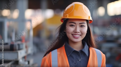 Beatiful confidence asian woman builder worker in uniform and safety helmet smilling. Labour day. 