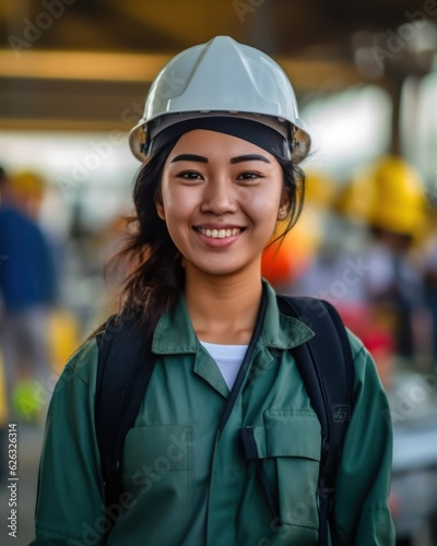 Beatiful confidence asian woman builder worker in uniform and safety helmet smilling. Labour day. 