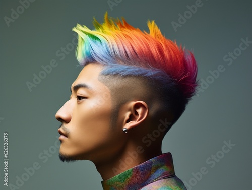 young asian man with rainbow hairstyle. People lifestyle fashion lgbtq concept. AI generative