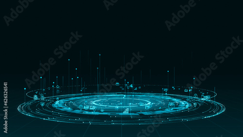 Blue digital particle ring circle rotation with ai technology icon on futuristic abstract background generation of connection concepts