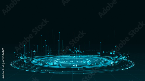 Blue digital particle ring circle rotation with ai technology icon on futuristic abstract background crypto currency finance and digital money concepts