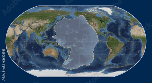 Pacific tectonic plate. Satellite. Robinson. Boundaries