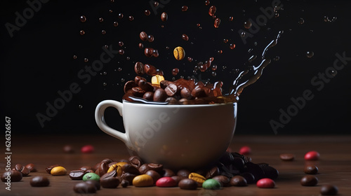 Dropping coffee beans on coffee cup, Bright color. Generative Ai