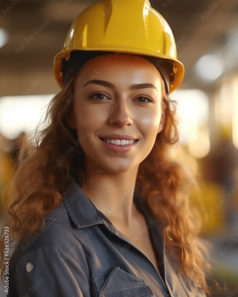 Beatiful confidence woman builder worker in uniform and safety helmet smilling. Labour day. Beatiful confidence woman builder worker in uniform and safety helmet smilling. Labour day.