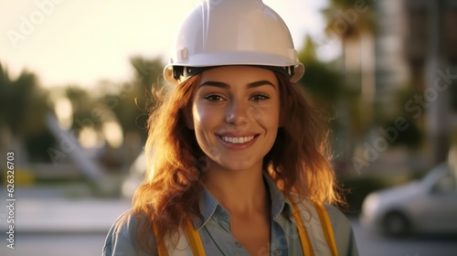 Beatiful confidence woman builder worker in uniform and safety helmet smilling. Labour day.  © Viktor