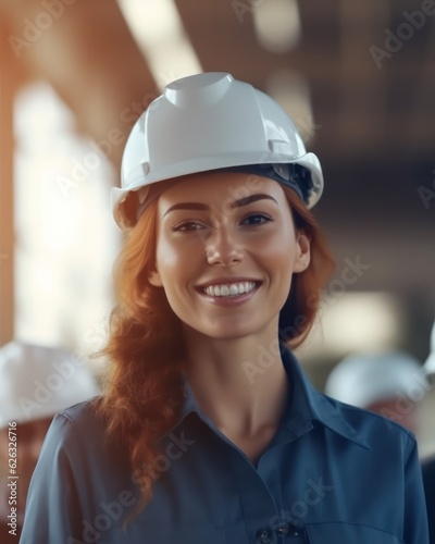 Beatiful confidence woman builder worker in uniform and safety helmet smilling. Labour day. 