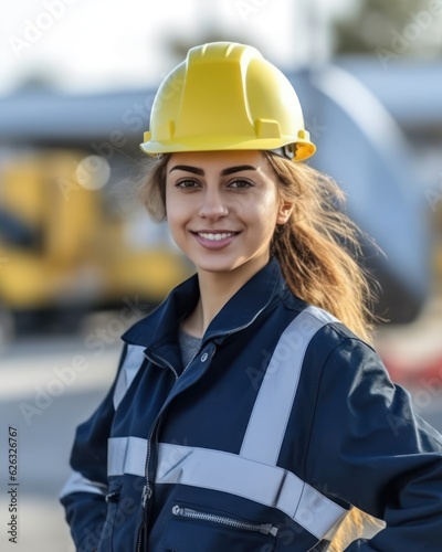 Beatiful confidence woman builder worker in uniform and safety helmet smilling. Labour day. 