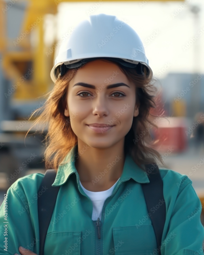 Beatiful confidence woman builder worker in uniform and safety helmet smilling. Labour day. Beatiful confidence woman builder worker in uniform and safety helmet smilling. Labour day.