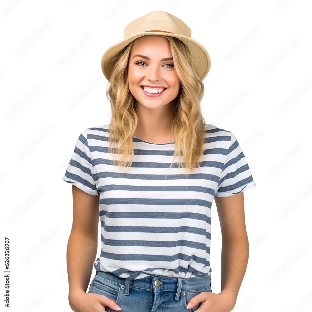 woman dressed in striped t-shirt, denim shorts, and a hat, isolated on a transparent white background woman dressed in striped t-shirt, denim shorts, and a hat, isolated on a transparent white background