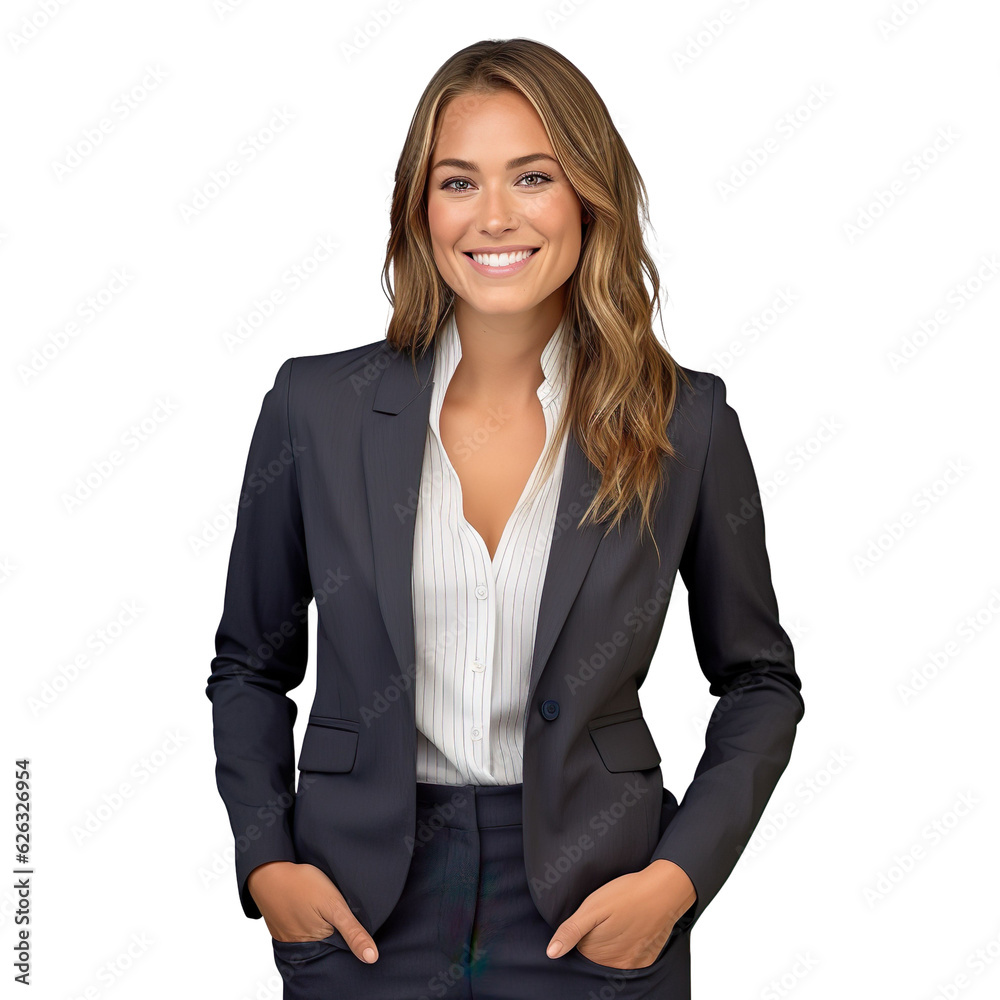 woman dressed in tailored blazer in charcoal gray, a white button-down shirt with subtle pinstripes, and tailored trousers in a rich charcoal gray, isolated on a transparent white background woman dressed in tailored blazer in charcoal gray, a white button-down shirt with subtle pinstripes, and tailored trousers in a rich charcoal gray, isolated on a transparent white background