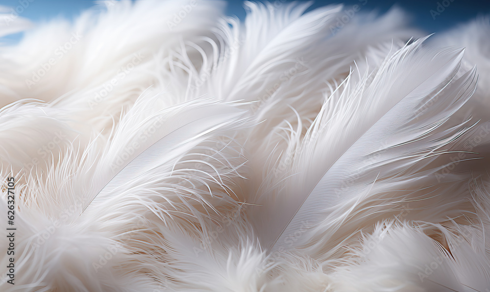 Fototapeta premium Fluffy white feathers on a blue background.