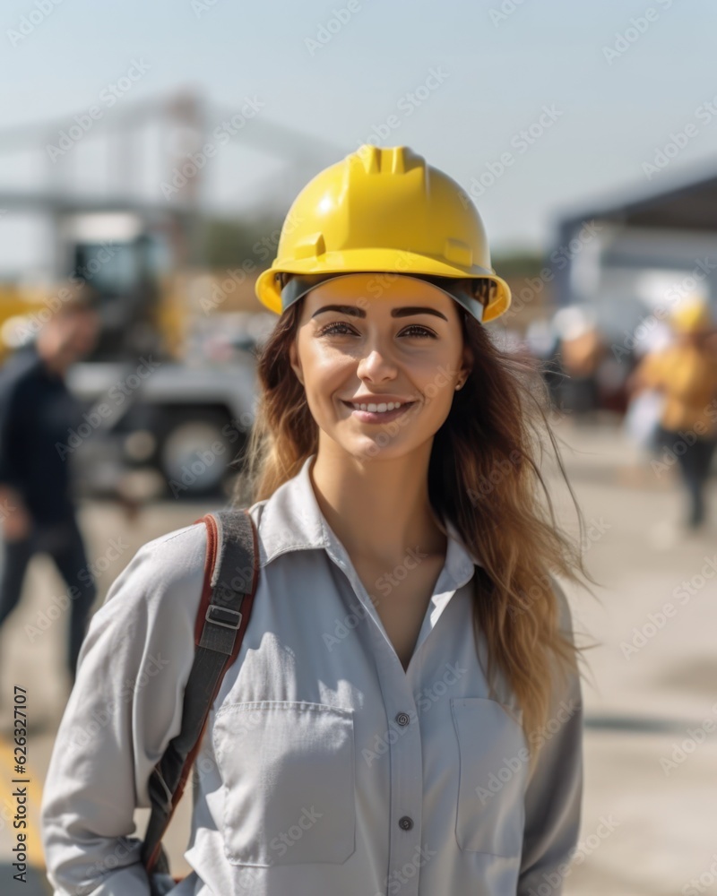 Beatiful confidence woman builder worker in uniform and safety helmet smilling. Labour day. 