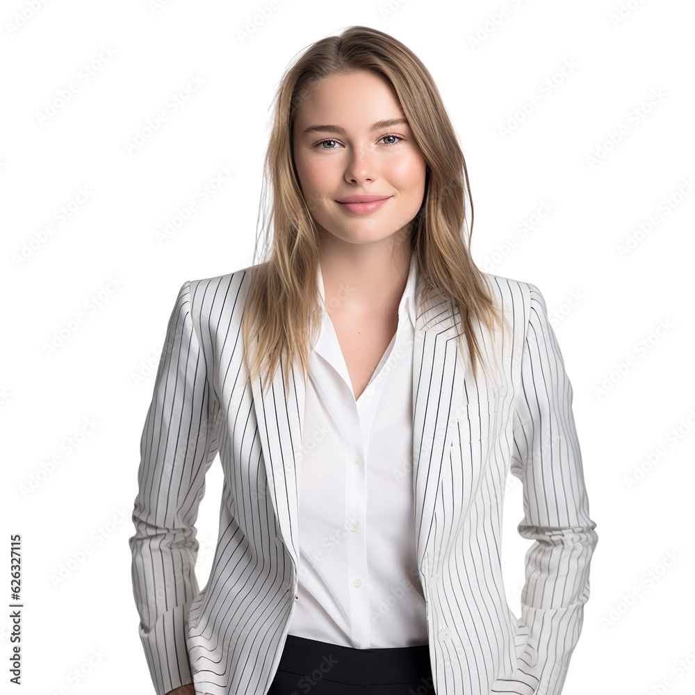 woman dressed in tailored blazer, a white button-down shirt with pinstripes, and tailored trousers, isolated on a transparent white background woman dressed in tailored blazer, a white button-down shirt with pinstripes, and tailored trousers, isolated on a transparent white background