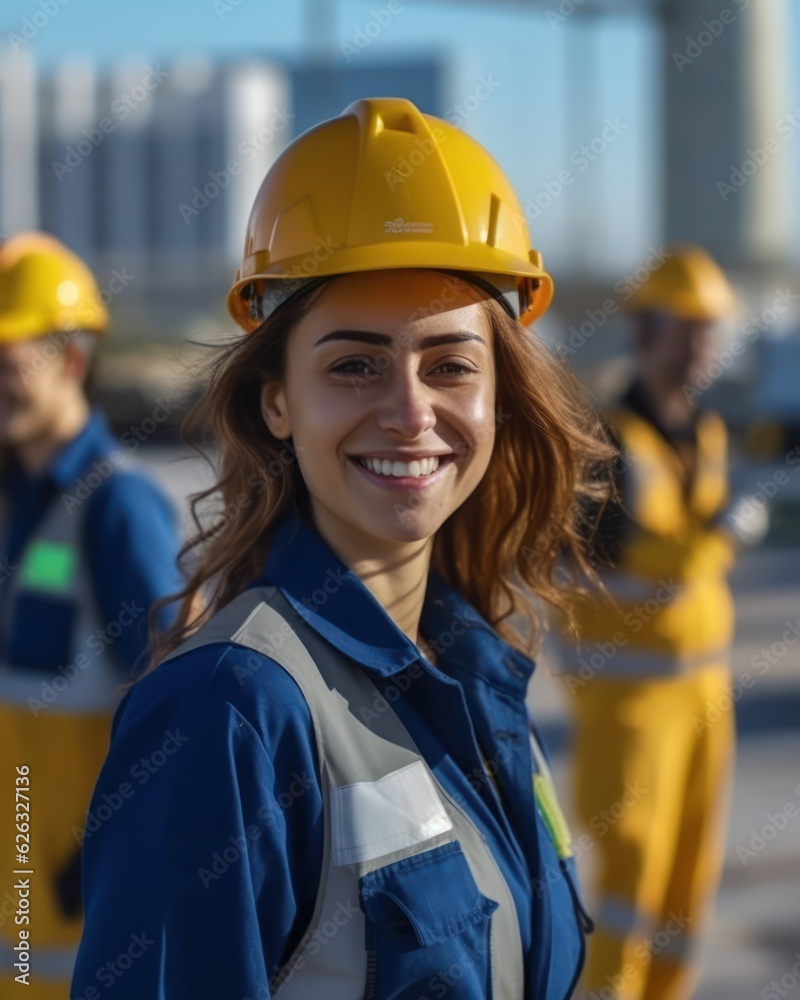 Beatiful confidence woman builder worker in uniform and safety helmet smilling. Labour day. 