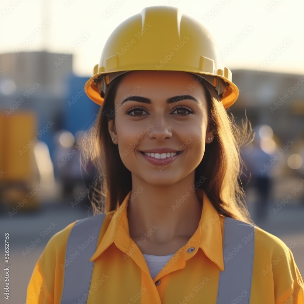 Beatiful confidence woman builder worker in uniform and safety helmet smilling. Labour day. Beatiful confidence woman builder worker in uniform and safety helmet smilling. Labour day.