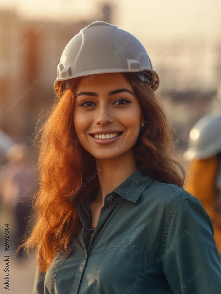 Beatiful confidence woman builder worker in uniform and safety helmet smilling. Labour day. Beatiful confidence woman builder worker in uniform and safety helmet smilling. Labour day.