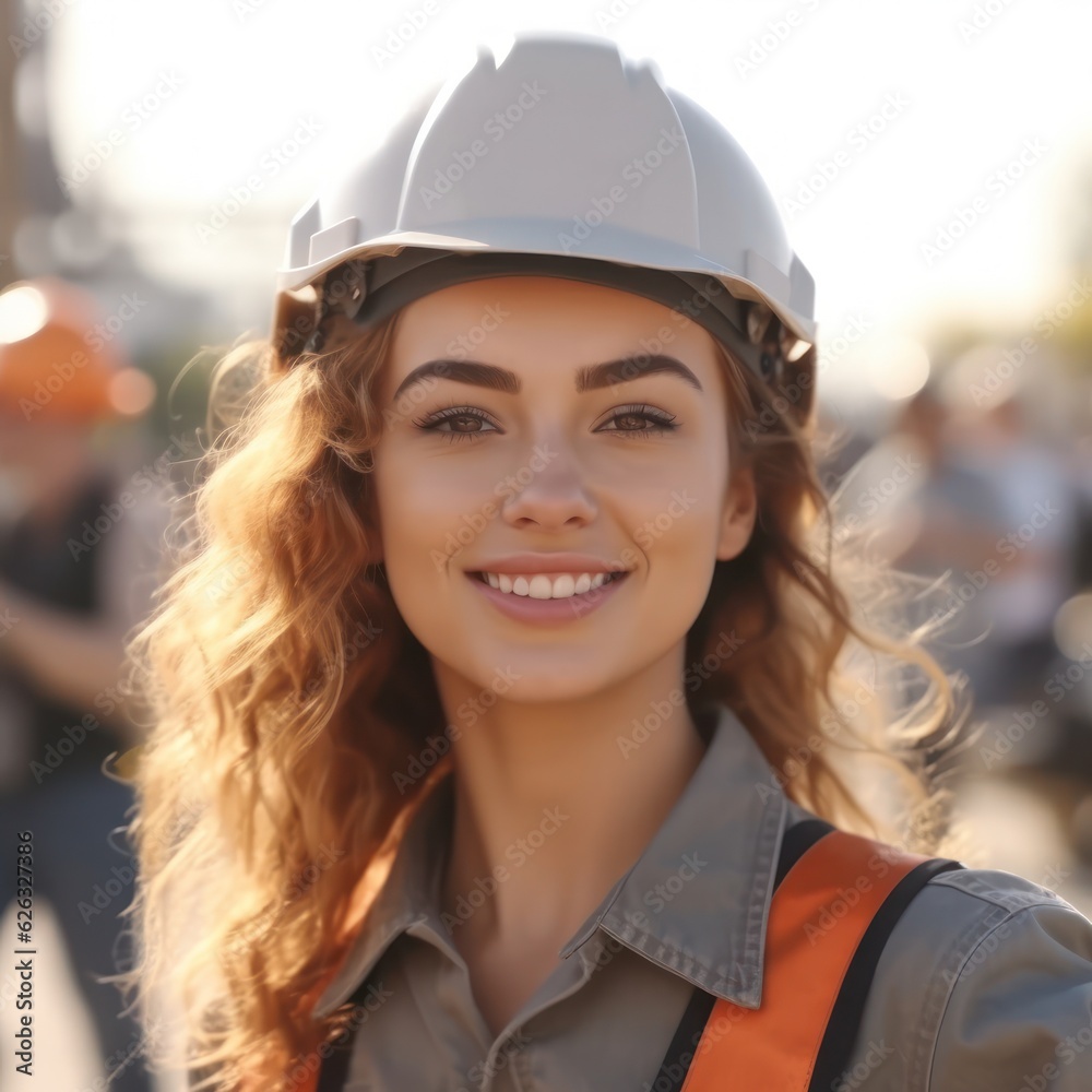 Beatiful confidence woman builder worker in uniform and safety helmet smilling. Labour day. Beatiful confidence woman builder worker in uniform and safety helmet smilling. Labour day.