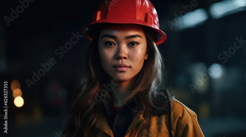 Beatiful confidence woman builder worker in uniform and safety helmet smilling. Labour day. © Viktor