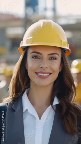 Beatiful confidence woman builder worker in uniform and safety helmet smilling. Labour day.