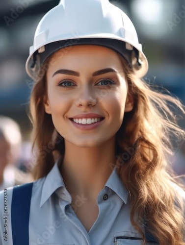 Beatiful confidence woman builder worker in uniform and safety helmet smilling. Labour day. 