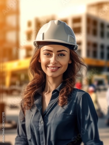 Beatiful confidence woman builder worker in uniform and safety helmet smilling. Labour day.