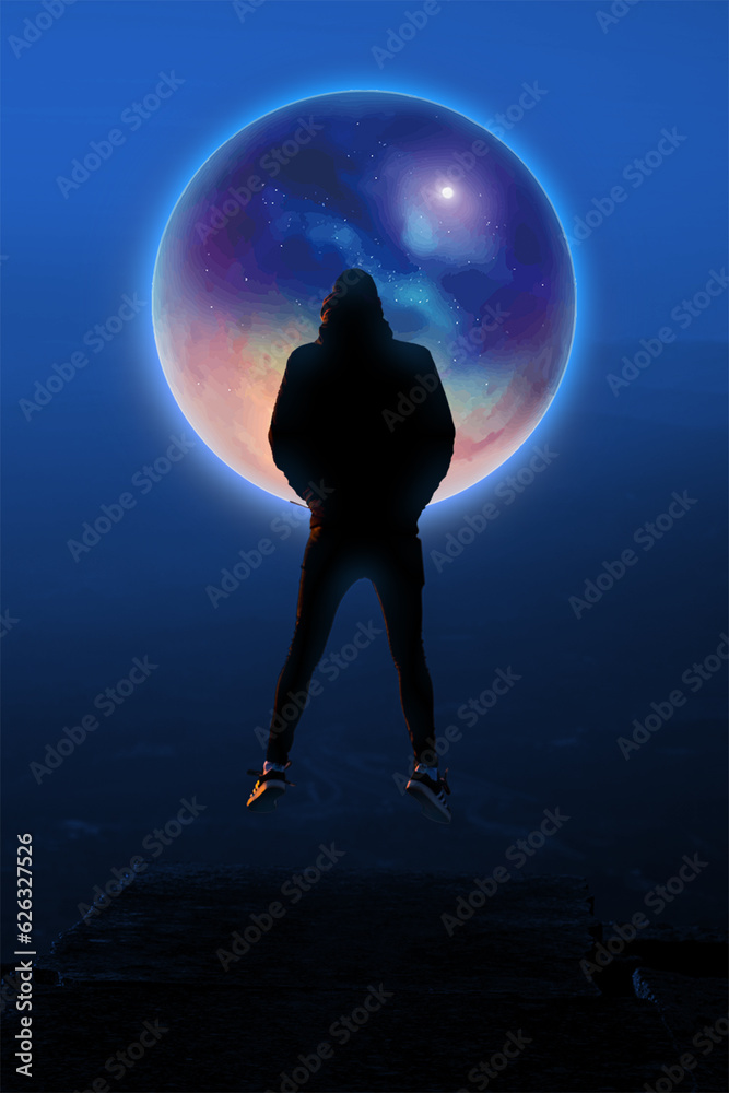 silhouette of a person, a planet in front