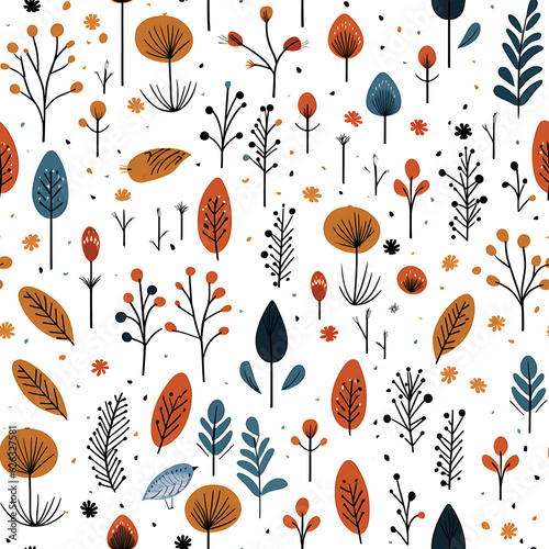 cute rustic floral seamless pattern, wild plants and white background, calm serene. 