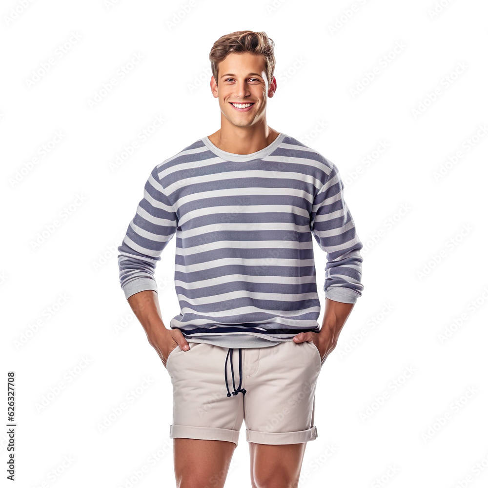 man dressed in light gray shorts, purple and grey crew-neck sweater isolated on a transparent white background man dressed in light gray shorts, purple and grey crew-neck sweater isolated on a transparent white background
