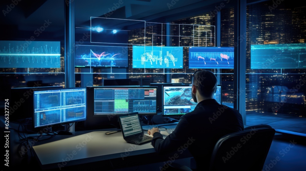 Fototapeta premium Network operations center ( NOC) with technicians monitoring network traffic, troubleshooting issues, and ensuring network performance