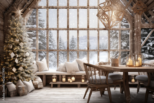 Christmas cafe interior with tree. Generative AI