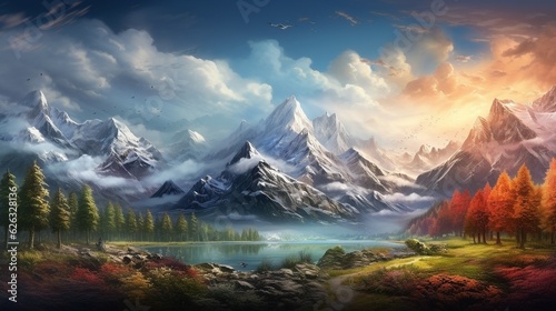 Beautiful mountain range representing the seasons, AI-generative