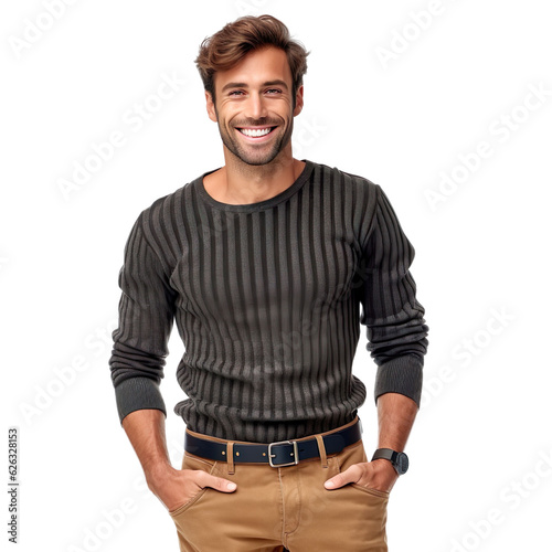 man dressed in black trousers, gray sweater with a stripe design isolated on a transparent white background 