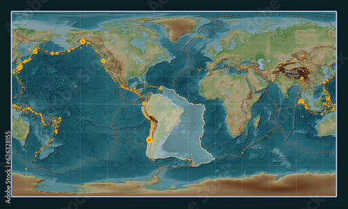 South American tectonic plate. Wiki. Patterson Cylindrical. Earthquakes and boundaries