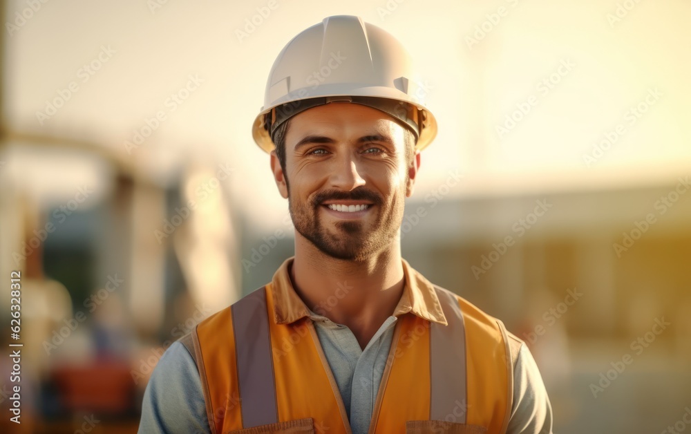 Beatiful confidence man builder worker in uniform and safety helmet smilling. Labour day. 