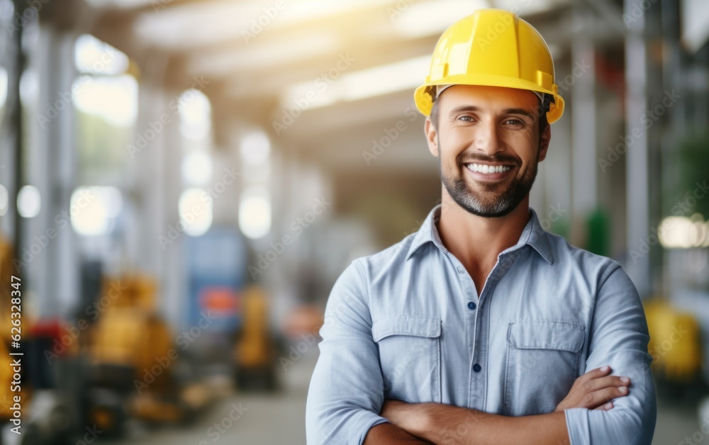 Beatiful confidence man builder worker in uniform and safety helmet smilling. Labour day. Beatiful confidence man builder worker in uniform and safety helmet smilling. Labour day.