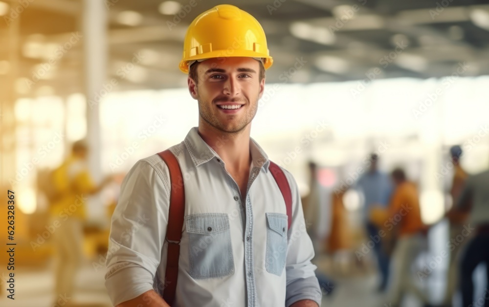 Beatiful confidence man builder worker in uniform and safety helmet smilling. Labour day. Beatiful confidence man builder worker in uniform and safety helmet smilling. Labour day.