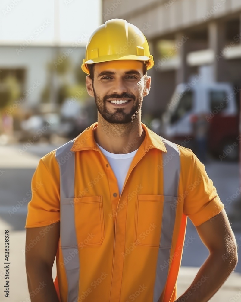 Beatiful confidence man builder worker in uniform and safety helmet smilling. Labour day. Beatiful confidence man builder worker in uniform and safety helmet smilling. Labour day.