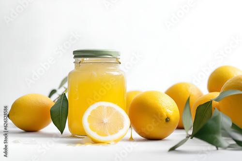 Homemade lemon preserves or jam in a glass jar surrounded by fresh lemons