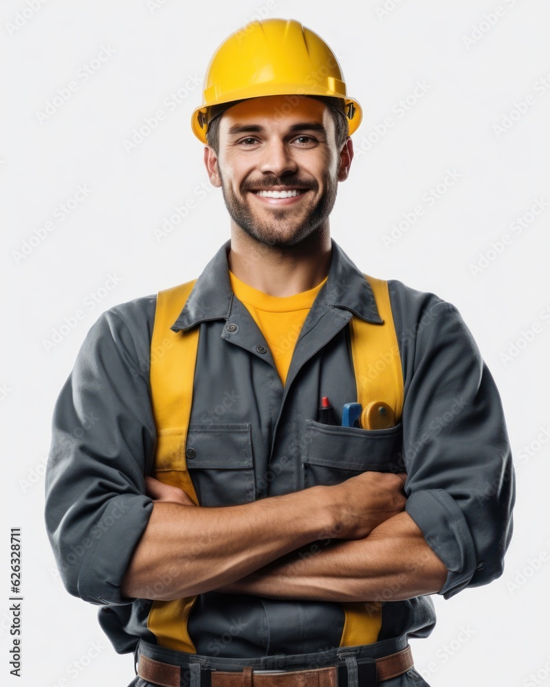 Beatiful confidence man builder worker in uniform and safety helmet smilling. Labour day. Beatiful confidence man builder worker in uniform and safety helmet smilling. Labour day.