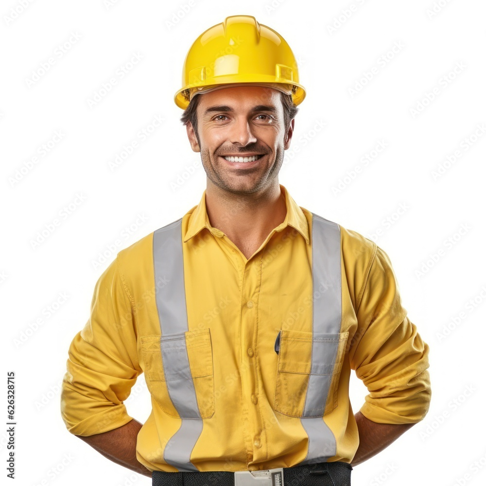 Beatiful confidence man builder worker in uniform and safety helmet smilling. Labour day. Beatiful confidence man builder worker in uniform and safety helmet smilling. Labour day.