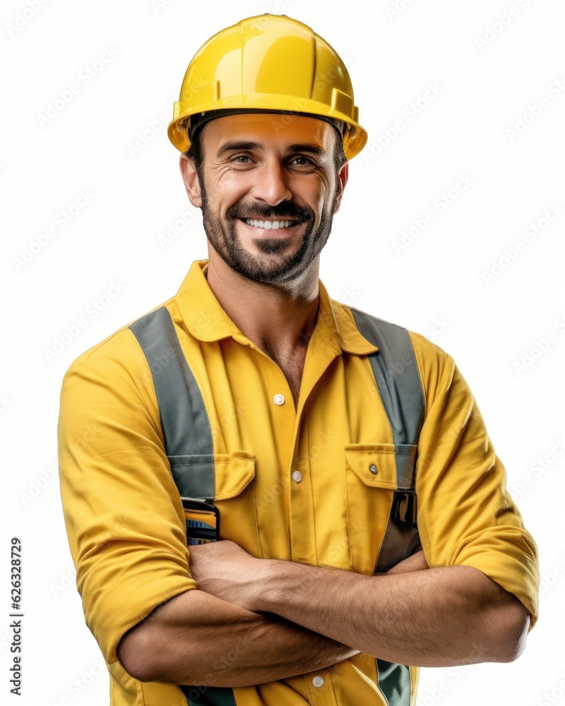 Beatiful confidence man builder worker in uniform and safety helmet smilling. Labour day. Beatiful confidence man builder worker in uniform and safety helmet smilling. Labour day.
