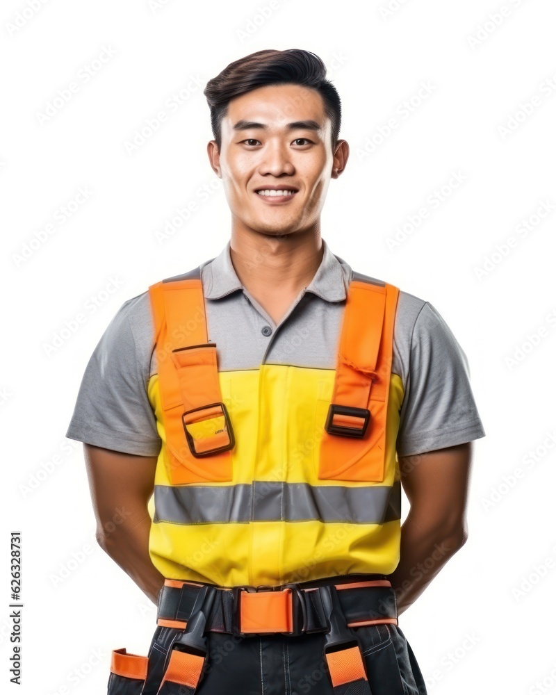Beatiful confidence man builder worker in uniform and safety helmet smilling. Labour day. 