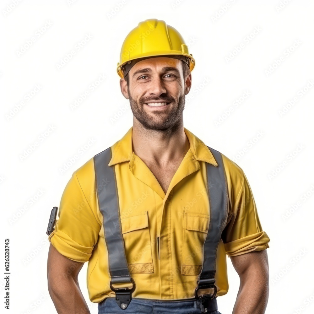 Beatiful confidence man builder worker in uniform and safety helmet smilling. Labour day. Beatiful confidence man builder worker in uniform and safety helmet smilling. Labour day.