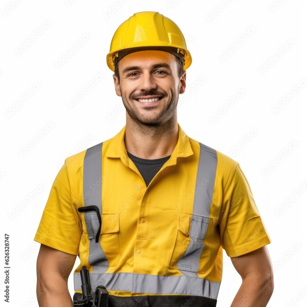 Beatiful confidence man builder worker in uniform and safety helmet smilling. Labour day. Beatiful confidence man builder worker in uniform and safety helmet smilling. Labour day.