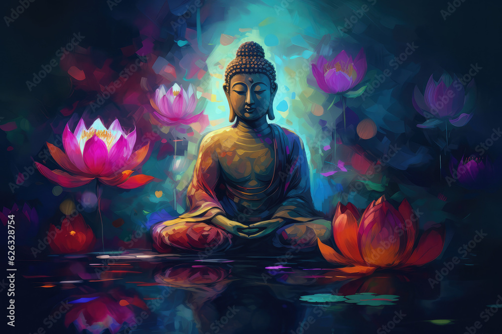Buddha golden statue decorated with lotus blossoms, generative AI Buddha golden statue decorated with lotus blossoms, generative AI